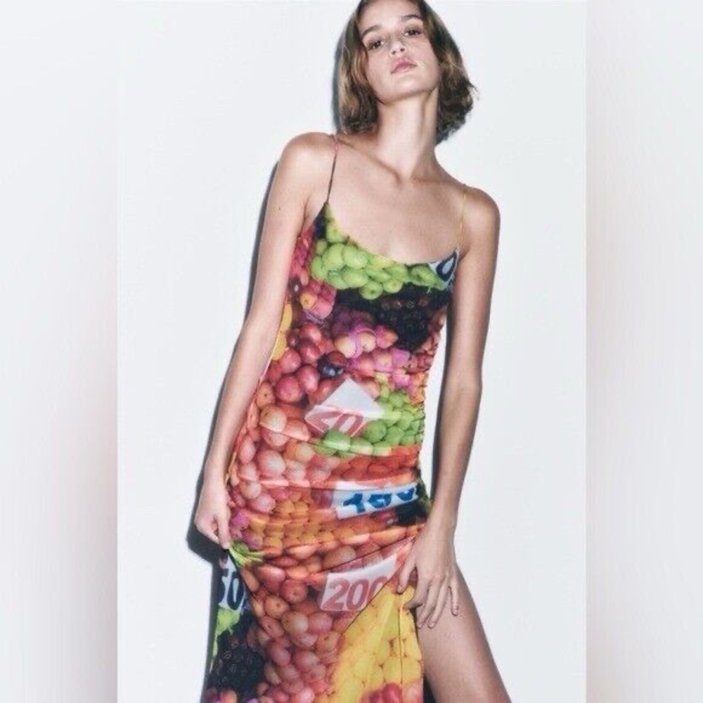 (SOLD) ZARA Ruched Mesh Fruit Stand Strappy Maxi Dress Size Small - Picture 3 of 8